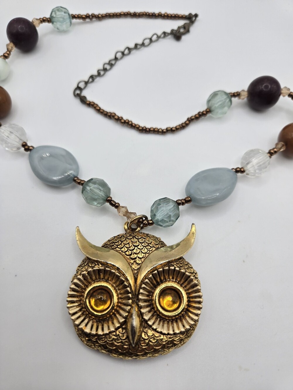 Mid Century Gold Owl Face Necklace Fairycore Aesthetic Gold Chain 21" Seed Bead